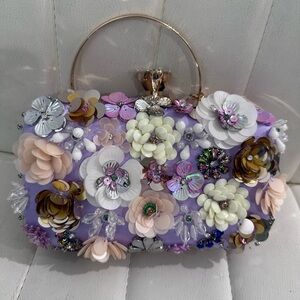 NWT! bebe Daisy Clutch - Purple Satin and Bead & Sequin Embellished